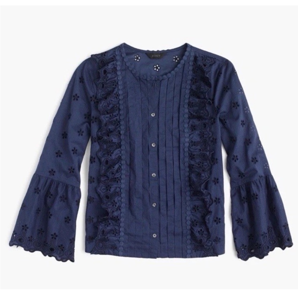 J. Crew Navy Blue Embroidered Eyelet Ruffle Women's Button up Top